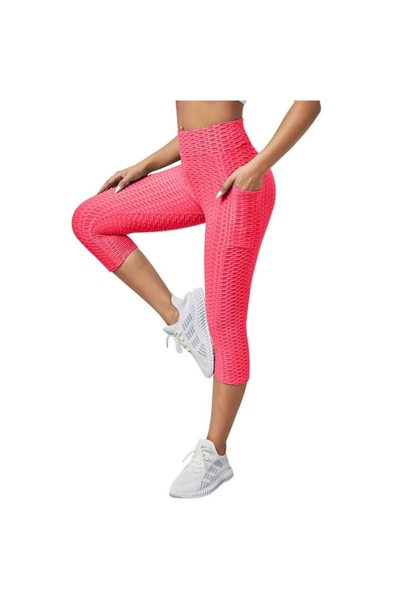 Womens Capri Yoga Pants with Pockets High Waist Honeycomb Skinny Stretchy Legging Casual Solid Slim Athletic Workout Fitness Cropped Pant