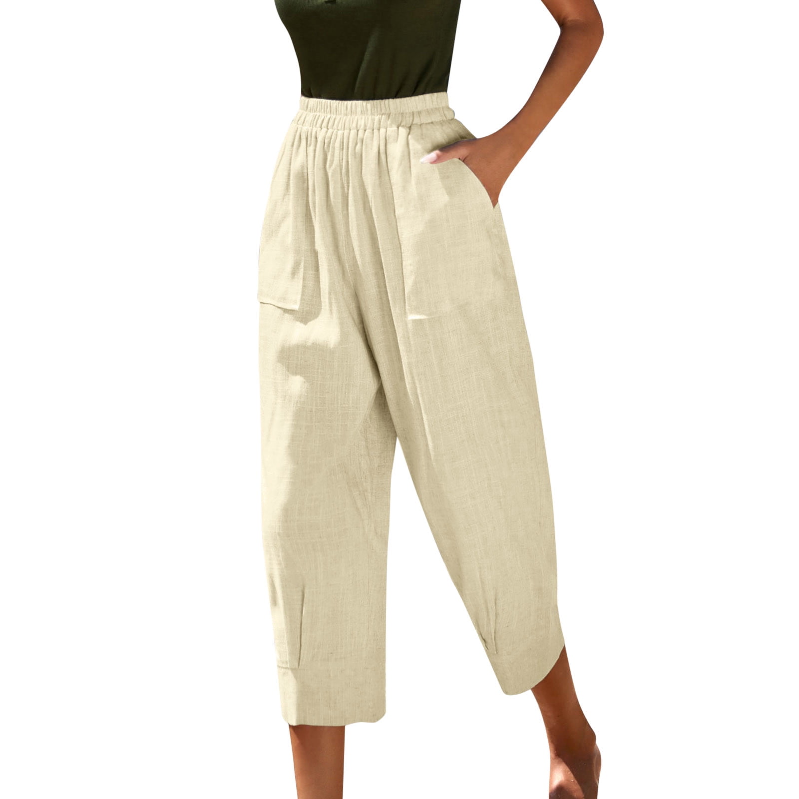 Womens Capris Comfort Elastic Waisted Cropped Pants Baggy Summer Plain ...