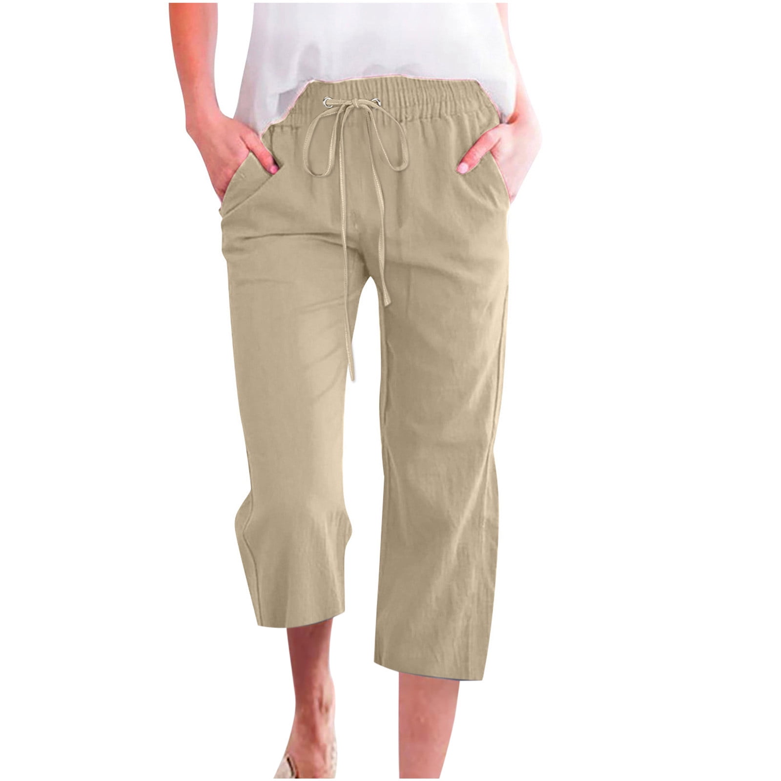 Womens Capris Cotton Linen Cropped Pants Drawstring Elastic High