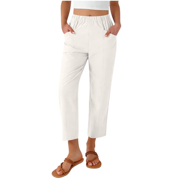 Womens Capris Elastic High Waisted Linen Pants 2026 Summer Casual Cropped Pants Beach Travel Trousers