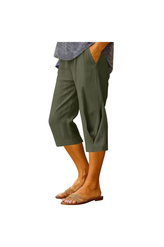 Womens Capris Fashion Casual Cotton Linen High-Rise Straight Leg Pants with Pockets Lightweight Comfy Beach Trousers