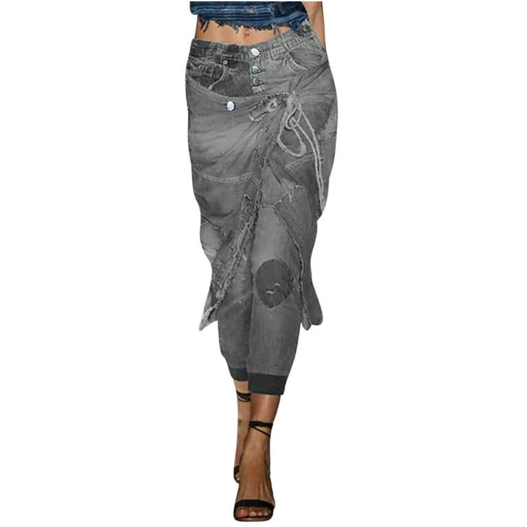 Womens Capris Jeans Plus Size Crossover High Elastic Waist Fake Two Piece  Capri Pant Button Fly Stretch Skinny Distressed Patches Drawstring Button  Pockets 2 in 1 Cropped Denim Trousers 