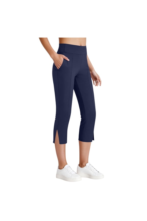 Womens Capris Leggings Summer High Waisted Yoga Pants Side Slit Workout Cropped Trouers Gym Running Joggers With Pockets Navy