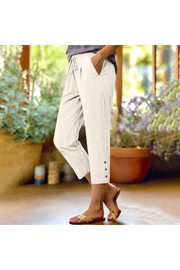 Womens Capris Linen Pants Loose Drawstring Beach Casual Dress Cropped Pants with Pockets White XL