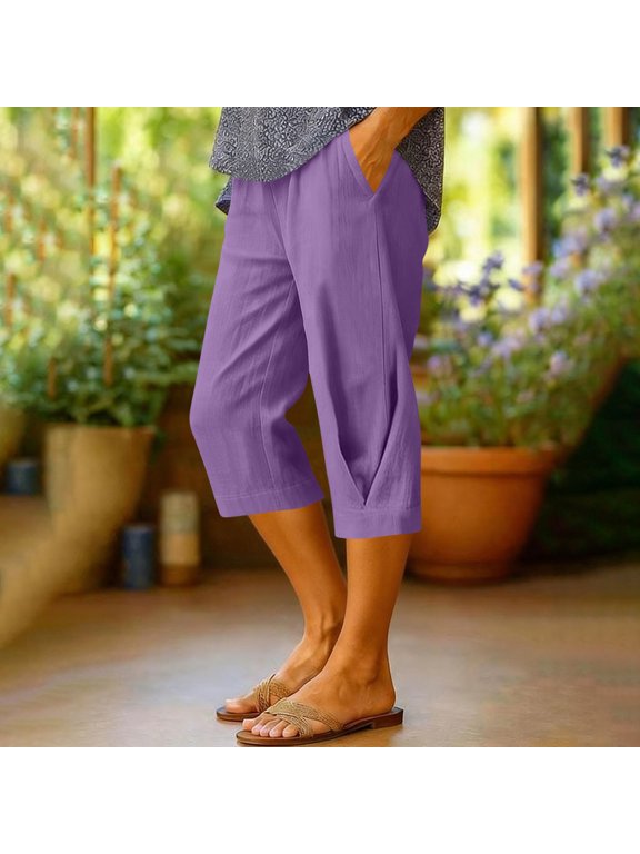Womens Capris Loose Fitting Casual Summer Cropped Pants Purple M
