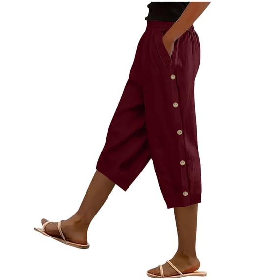 Womens Capris Pants Casual Summer Elastic Waist Sports Button Capris Pants with Side Pockets