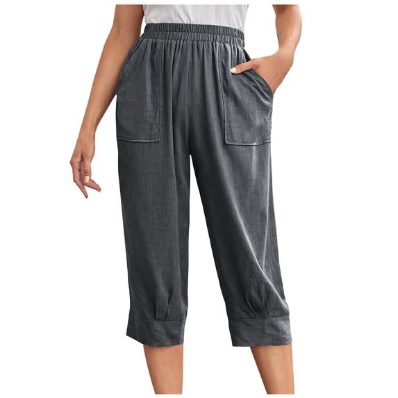 ZQUUVOU Womens Capris Pants Cotton Linen Casual Color Elastic Loose Pants Straight Wide Leg Trousers With Pocket Dark Gray