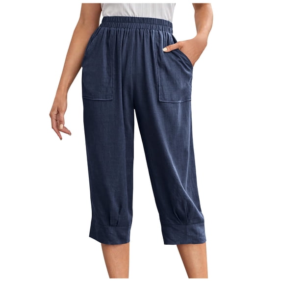 ZQUUVOU Womens Capris Pants Cotton Linen Casual Color Elastic Loose Pants Straight Wide Leg Trousers With Pocket Navy