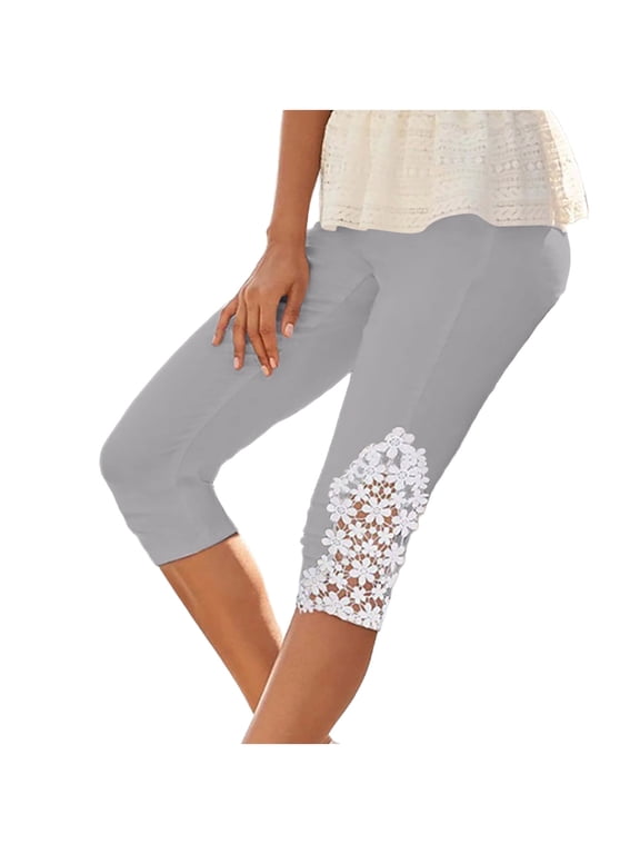 Womens Capris Pants Cotton Womens Lightweight Capris Leggings, Floral Lace High Waist Leggings Skinny Cropped Workout Yoga Pants Sport Casual Pants Gray S