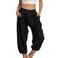 thumbnail image 1 of Womens Capris Pants Elastic Waist Stretchy Cropped Trousers Casual Loose Solid Color Summer Fall Lightweight Trendy Cropped Pants,Black,XL, 1 of 4