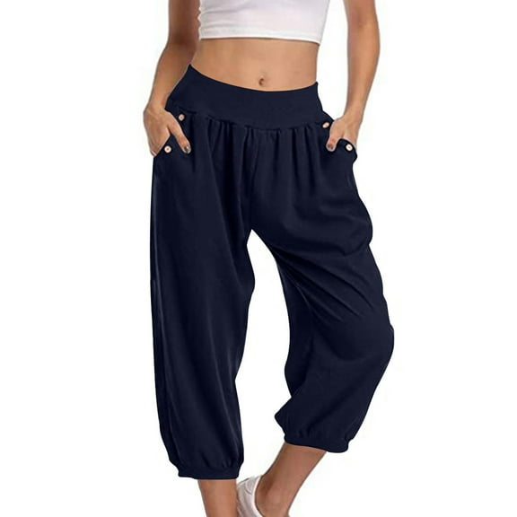 Womens Capris Pants Elastic Waist Stretchy Cropped Trousers Casual Loose Solid Color Summer Fall Lightweight Trendy Cropped Pants,Navy,L
