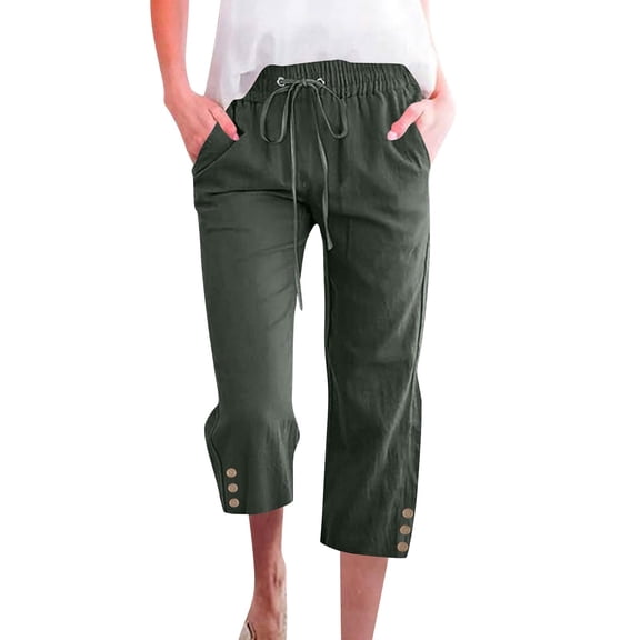 Womens Capris Pants High Waist Drawstring Comfy Casual Lightweight Loose Trousers Buttons Trim with Pockets, Army Green 22" Inseam 3XL