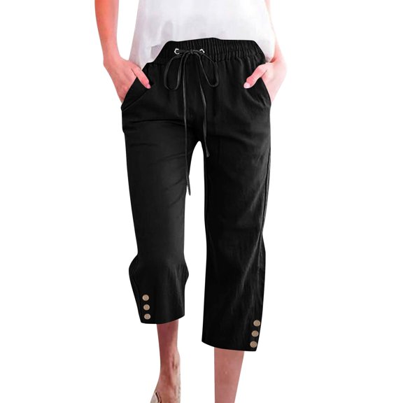 Womens Capris Pants High Waist Drawstring Comfy Casual Lightweight Loose Trousers Buttons Trim with Pockets, Black 21" Inseam XL