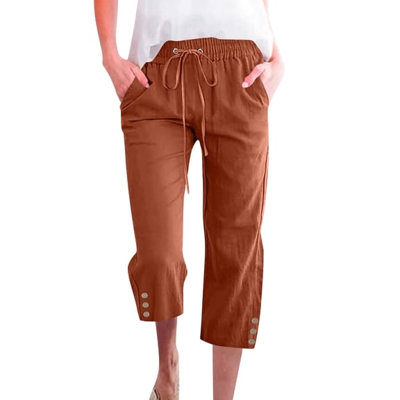 Womens Capris Pants High Waist Drawstring Comfy Casual Lightweight Loose Trousers Buttons Trim with Pockets, Light Brown 22" Inseam 3XL