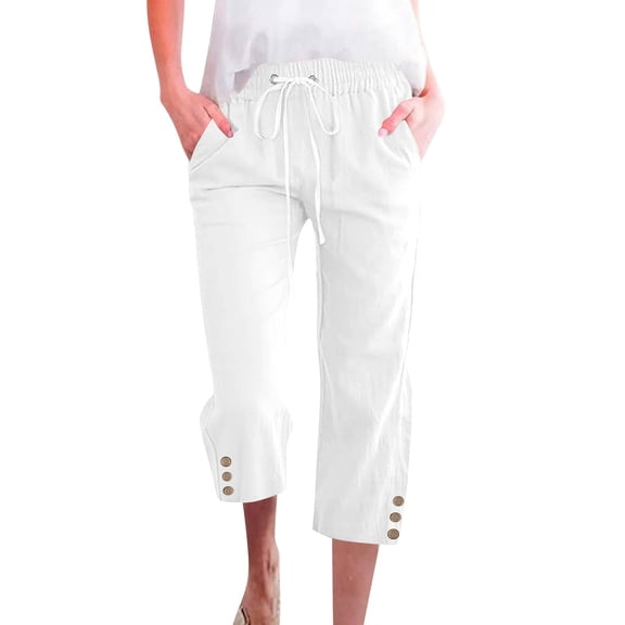 Womens Capris Pants High Waist Drawstring Comfy Casual Lightweight Loose Trousers Buttons Trim with Pockets, White 20" Inseam M
