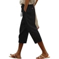 thumbnail image 1 of Womens Capris Pants High Waist Drawstring Comfy Casual Lightweight Loose Trousers Buttons Trim with Pockets, 1 of 6