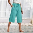 thumbnail image 1 of Womens Capris Pants Linen Beach Linen Capris Cropped Pants for Women High Waisted Wide Leg Long Shorts with Pockets for Business Casual Summer Sky Blue S, 1 of 6