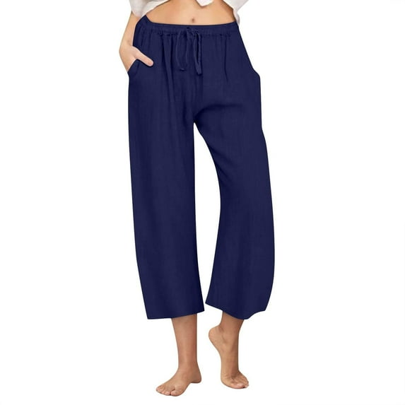 Womens Capris Pants New Women Casual Linen Drawstring Elastic Waist Wide Leg Pants Cropped Trousers Style B-26 Dark Blue M