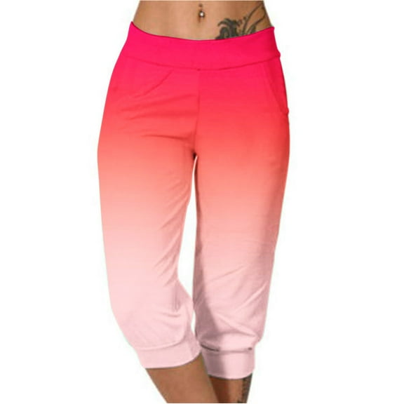 Womens Capris Pants Plus Size High Waist Pants Gradient Printed Casual Pants With Pockets Red XL