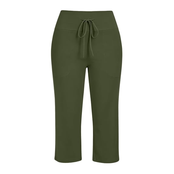 Womens Capris Pants Summer Casual Loose Drawstring Elastic High Waist Trousers wide Leg 2026 Lounge Beach Cropped Slacks Army Green M