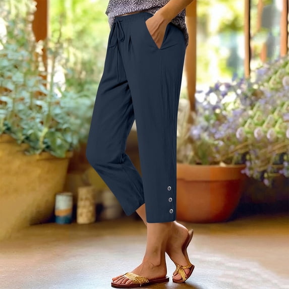Womens Capris Pants for Summer Casual Loose High Waist Straight Linen Pants Solid Color Drawstring Long Shorts with Pockets