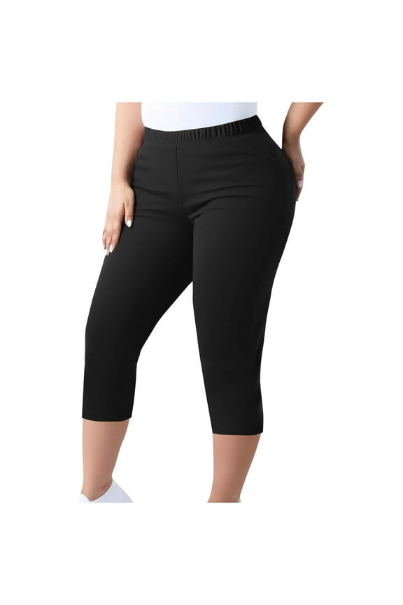 Womens Capris Plus Size Spandex Capri Leggings for Women Soft Elastic Waist Pull on Stretch Pant Summer, Black L