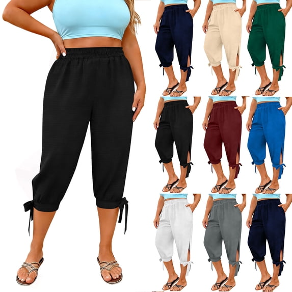 Womens Capris with Pockets Loose Fit Casual Capri Pants Women Fashion Oversize Casual High Waist Linen Loose Pocket Straight Solid Long Pants Black XL