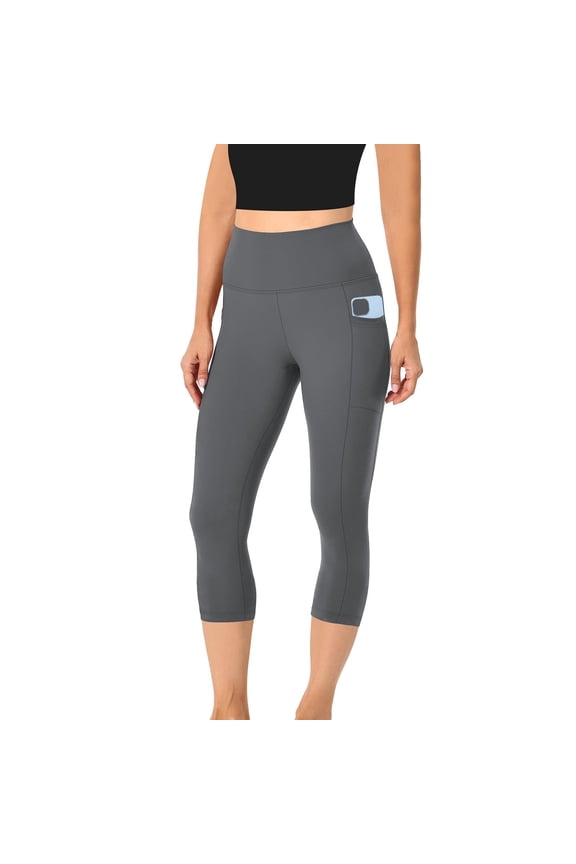 Womens Capris with Pockets Women's Yoga Capris Legging with Pockets, Solid Color High Waisted Stretchy Pants Workout Fitness Sports Cropped Leggings Pants Dark Gray XS