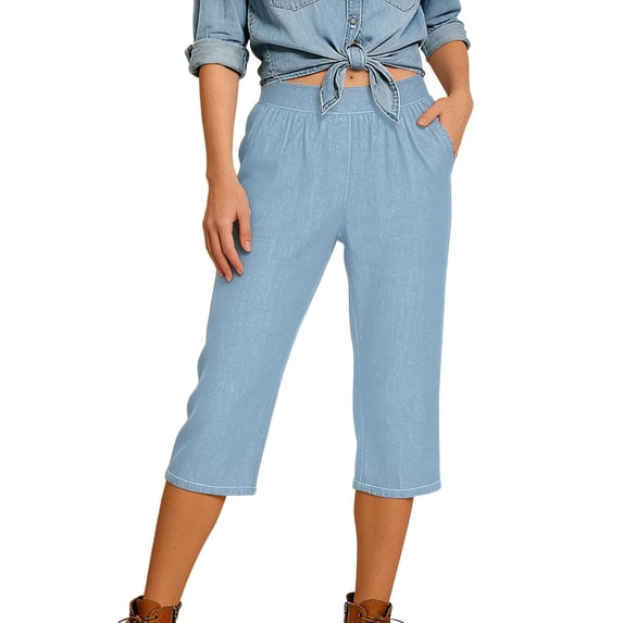 Womens Capris Stretch Capri Jeans Elastic Waist Wide Straight Leg Plus Size Pull on Denim Loose Summer Solid Light Blue L
