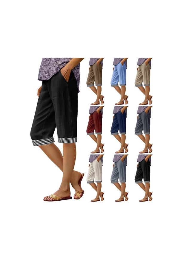 Womens Capris Summer Knee Length Cotton Linen Shorts Casual Elastic Waist Wide Leg Loose Cropped Trousers