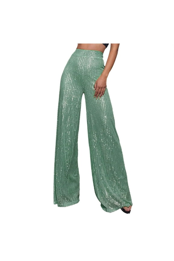 Womens Capris Summer Women's Fashion Casual Sequined Pants Sparkling Sequins High Waisted Wide Leg Flared Pants Flared Nightclub Wear Soft for Women Casual for Women with Pockets Womens with Green M