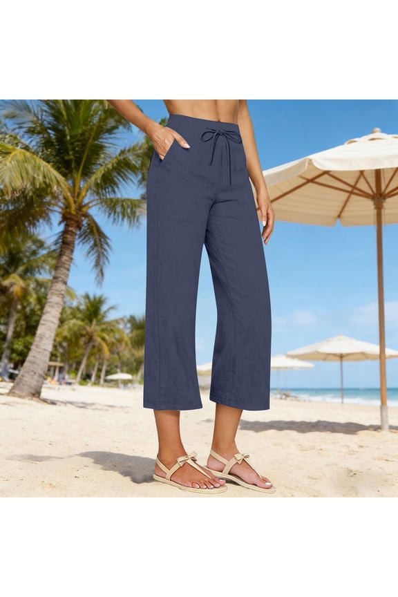 Womens Capris Women's Summer Loose Casual Cotton and Linen Cropped Pants Without Back Pockets