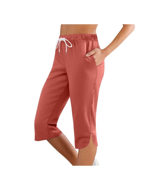 Womens Capris for Summer Casual Elastic Waist Straight Leg Capri Pants Lightweight Comfy Drawstring Sports Capris