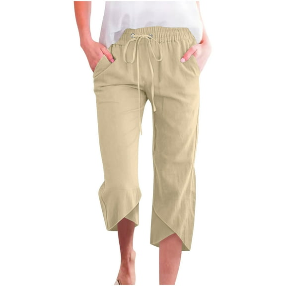 Womens Capris for Summer Clearance Women's Cotton Linen Cropped Capri Pants Solid Color Wide Leg Pants Drawstring Waisted Pant Casual Summer Pants