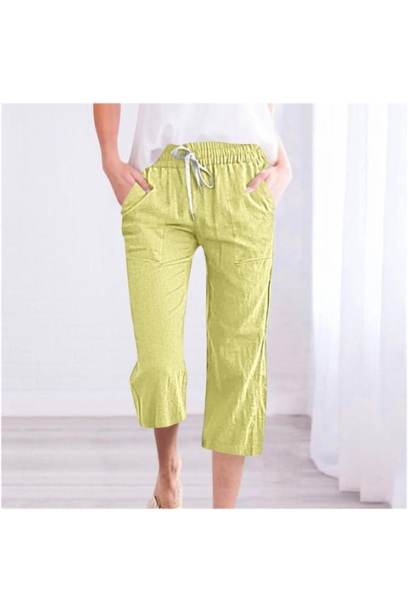 Womens Capris for Summer Fragrant Hemp Solid Color Loose Women Fashion Drawstring Pants Seven Pants Pockets Wide Leg Cropped Pants for Women