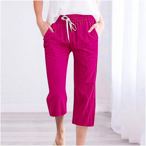 Womens Capris for Summer Fragrant Hemp Solid Color Loose Women Fashion Drawstring Pants Seven Pants Pockets Wide Leg Cropped Pants for Women