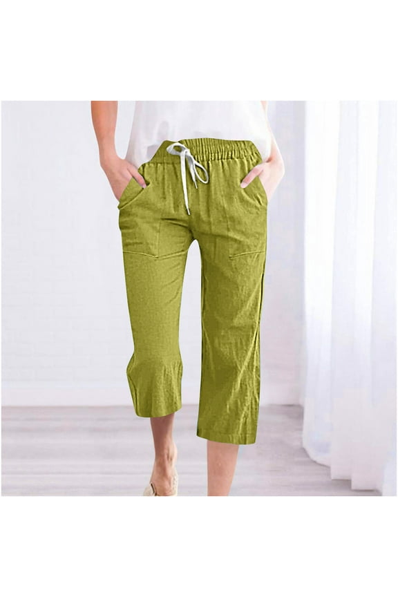 Womens Capris for Summer Fragrant Hemp Solid Color Loose Women Fashion Drawstring Pants Seven Pants Pockets Wide Leg Cropped Pants for Women