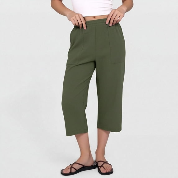 Womens Capris for Summer High Waist Elastic Straight Leg Pant Casual Loose Solid Color Pants with Pockets Linen Beach Capris