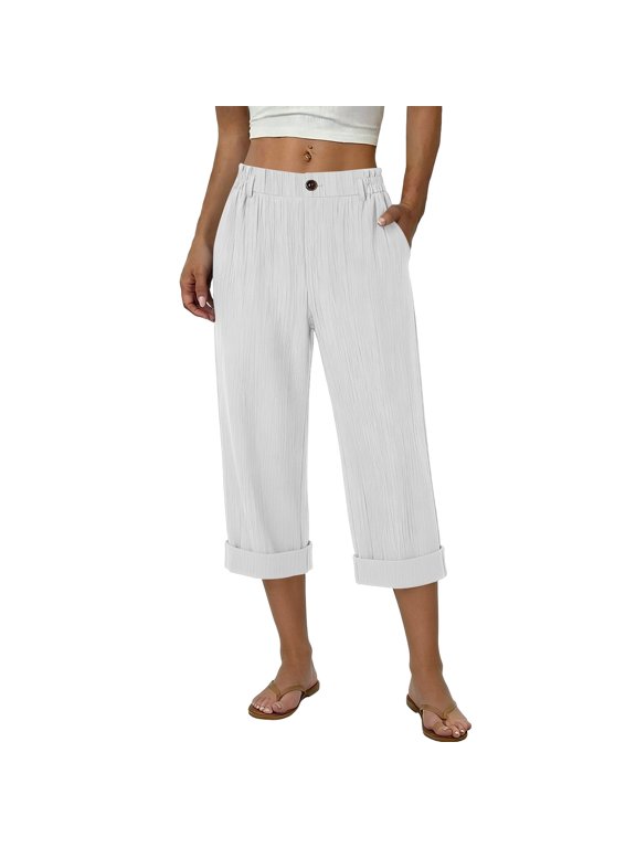 Womens Capris for Summer High Waisted Rolled Cuff Pants Casual Lightweight Capris with Pockets Loose Fit Straight Leg Pants