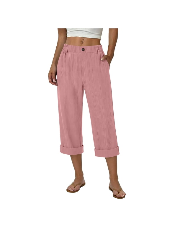 Womens Capris for Summer High Waisted Rolled Cuff Pants Casual Lightweight Capris with Pockets Loose Fit Straight Leg Pants