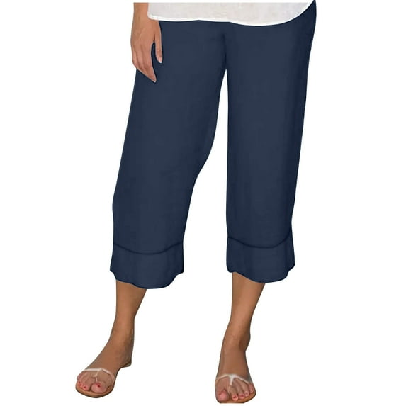 Womens Capris for Summer Plus Size New Women’s Elastic Waist Summer Solid Casual Fashion Outing Capris Length Pants Blue XXL