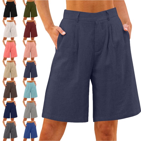 Womens Capris pants Summer Cotton And Linen Solid Color Loose Straight Leg Pants With Pockets Side Slit Buttons Five Quarter Pants Capri Pants for Women