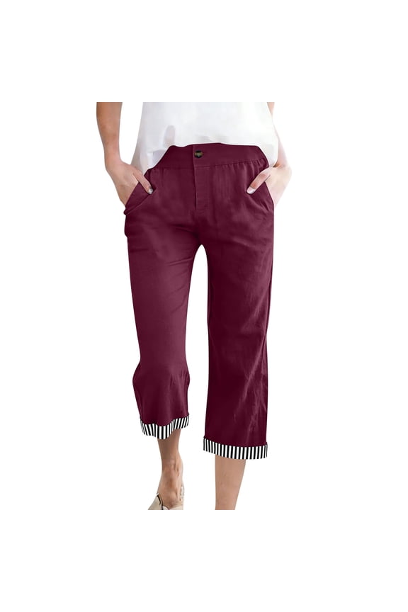 Womens Capris with Pockets High Waisted Straight Leg Trousers Striped Print Cuffed Hem Pants Casual Summer Capri Pants for Women