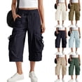 thumbnail image 1 of Womens Capris with Pockets Loose Fit Casual Capri Pants Dressy Lightweight Ladies Baggy Cargo Pants for Hiking Blue, L, 1 of 2