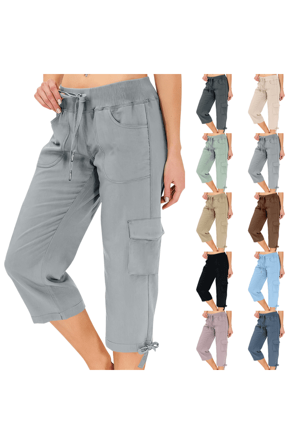 Womens Capris with Pockets Loose Fit Casual Capri Petite Pants Dressy Lightweight Ladies Baggy Cargo Pants for Hiking Light Gray S