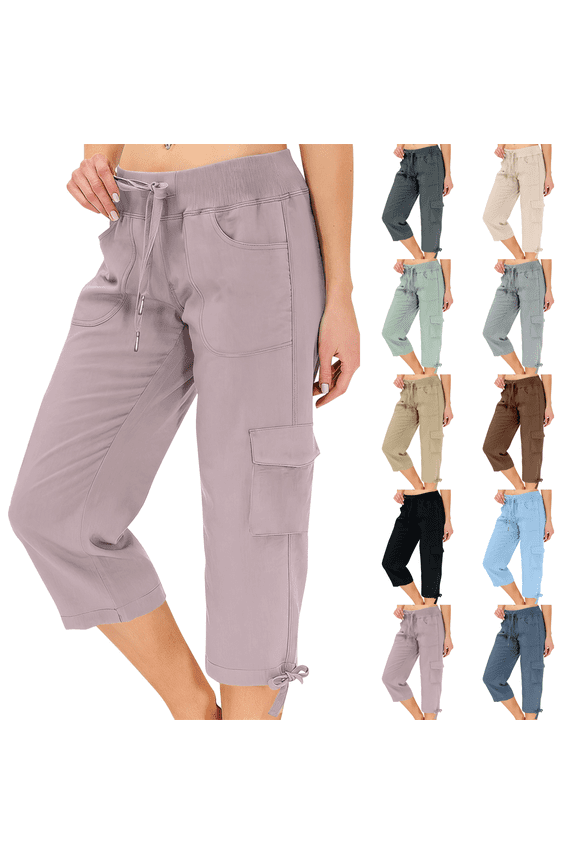 Womens Capris with Pockets Loose Fit Casual Capri Petite Pants Dressy Lightweight Ladies Baggy Cargo Pants for Hiking Purple Pink L