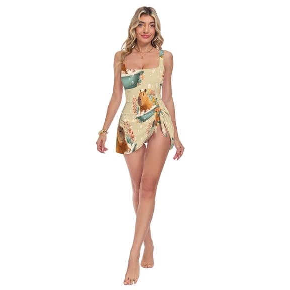 Womens Capybara Bathtub Pattern Print 2-in-1 Swim Dress Detachable Skirt One-Piece Swimsuit Square Neck S-XXL