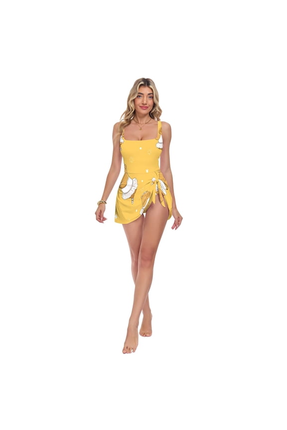 Womens Capybara Dancing Pattern Print 2-in-1 Swim Dress Detachable Skirt One-Piece Swimsuit Square Neck S-XXL