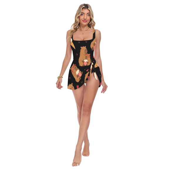 Womens Capybara Ice Cream Pattern Print 2-in-1 Swim Dress Detachable Skirt One-Piece Swimsuit Square Neck S-XXL