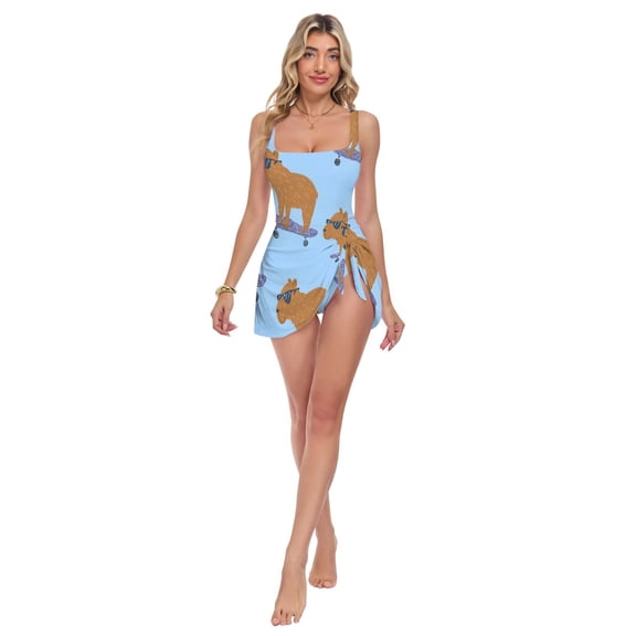 Womens Capybara Pattern Print 2-in-1 Swim Dress Detachable Skirt One-Piece Swimsuit Square Neck S-XXL
